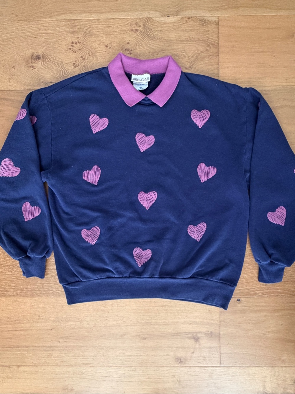 VTG 90s Jerzees Collared Heart Graphic Sweatshirt Navy Pink Large Grandmacore